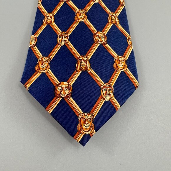 Past Times Navy / Gold Bust Faces Men's Tie 4" x 60" Vintage - Picture 2 of 4